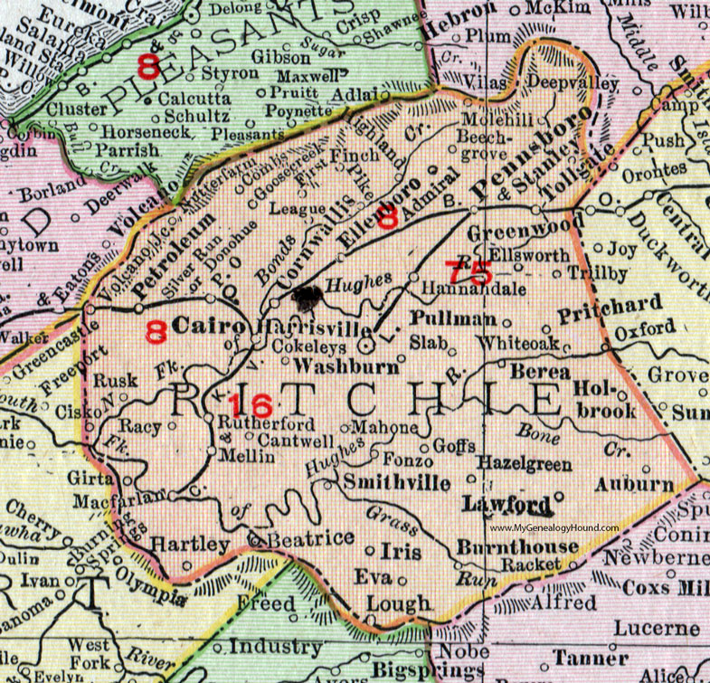Ritchie County, West Virginia 1911 Map by Rand McNally, Harrisville, Ellenboro, Pennsboro, Pike, Molehill, Cairo, Pullman, Berea, Auburn, Hazelgreen, Smithville, MacfarlanMellin, Petroleum, Cornwallis, WV