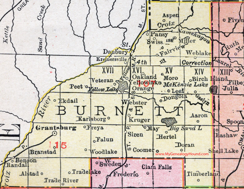 Burnett County, Wisconsin, map, 1912, Grantsburg, Webster, Siren, Danbury, Yellow Lake, Hertel, Trade Lake, Branstad, Falun, Oakland, Webb Lake, Karlsborg, Coomer
