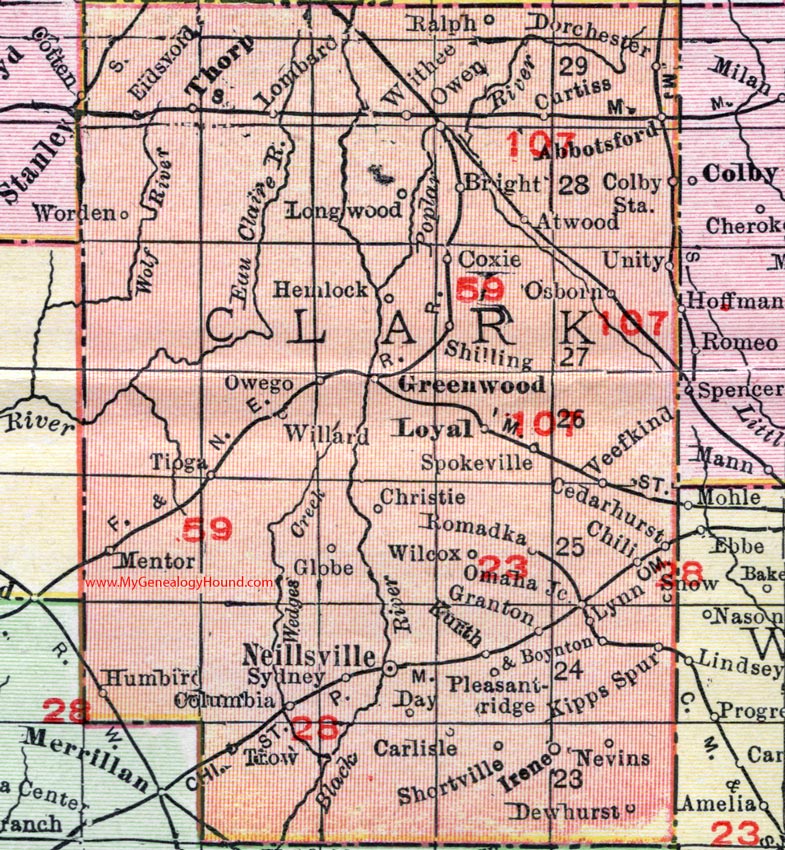 Clark County, Wisconsin, map, 1912, Neillsville, Greenwood, Thorp, Loyal, Stanley, Willard, Longwood, Withee, Owen, Curtiss, Abbotsford, Humbird, Colby, Granton, Christie
