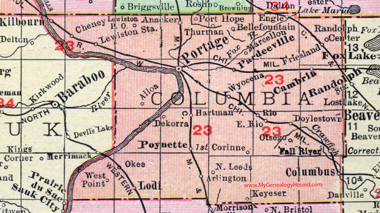 Columbia County, Wisconsin, map, 1912, Portage, Cambria, Columbus, Poynette, Lodi, Kilbourn, Pardeeville, Friesland, Wyocena, Rio, Fall River, Doylestown, Arlington, Keyeser, Cheney