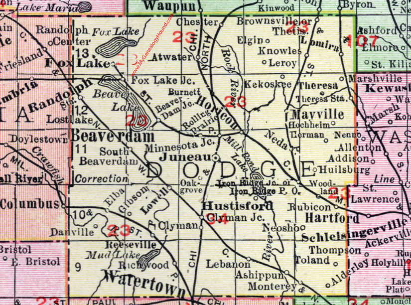 Dodge County, Wisconsin, map, 1912, Beaver Dam, Juneau, Horicon, Hustisford, Mayville, Fox Lake, Randolph, Lomira, Brownsville, Knowles, Theresa, Neosho, Rubicon, Iron Ridge