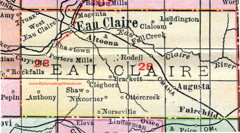 Eau Claire County, Wisconsin, map, 1912, Eau Claire City, Altoona, Augusta, Fairchild, Fall Creek, Ludington, Cleghorn, Brackett, Rodell, Claloam, Magenta, Truax, Norseville