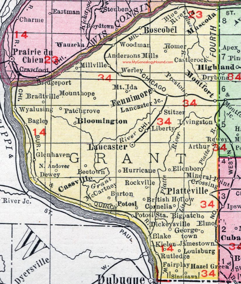 Grant County, Wisconsin, map, 1912, Lancaster, Platteville, Dickeyville, Potosi, Cassville, Bagley, Bloomington, Fennimore, Boscobel, Muscoda, Montfort, Patch Grove, Werley, Castle Rock