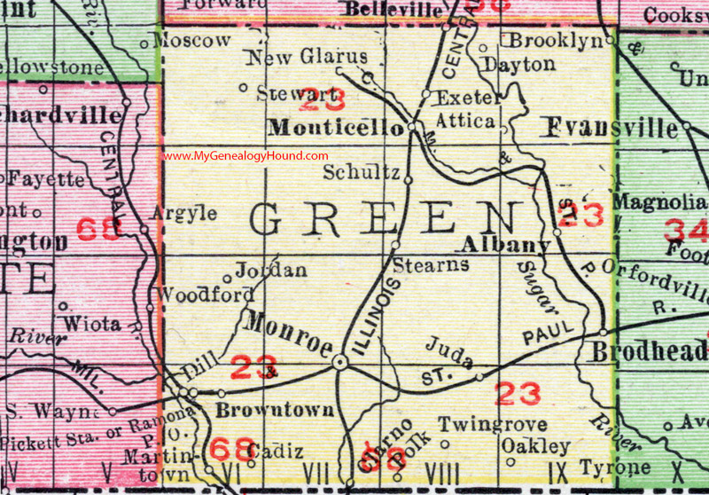 Green County, Wisconsin, map, 1912, Monroe, Brodhead, Monticello, New Glarus, Browntown, Juda, Albany, Dayton, Brooklyn, Martintown, Tyrone, Oakley, Stearns, Attica, Cadiz