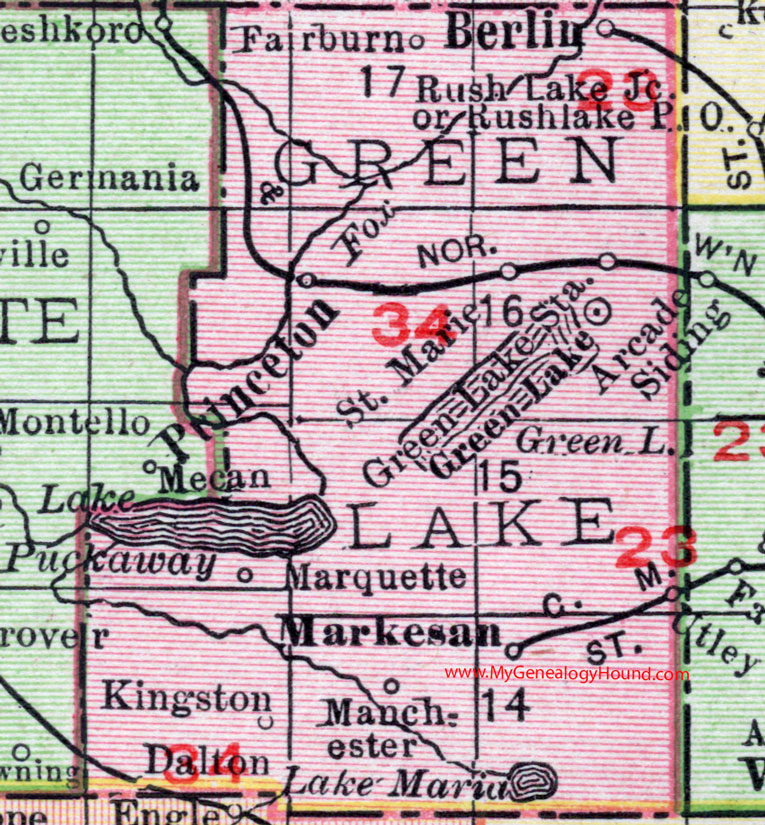 Green Lake County, Wisconsin, map, 1912, Princeton, Berlin, Markesan, Green Lake Cirty, Manchester, Kingston, Dalton, Marquette, St. Marie, Utley, Fairburn