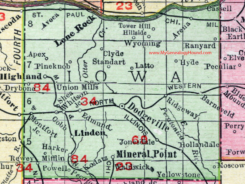 Iowa County, Wisconsin, map, 1912, Dodgeville, Mineral Point, Hollandale, Linden, Rewey, Barneveld, Ridgeway, Cobb, Avoca, Highland, Ranyard, Cobb, Waldwick, Mifflin, Latto