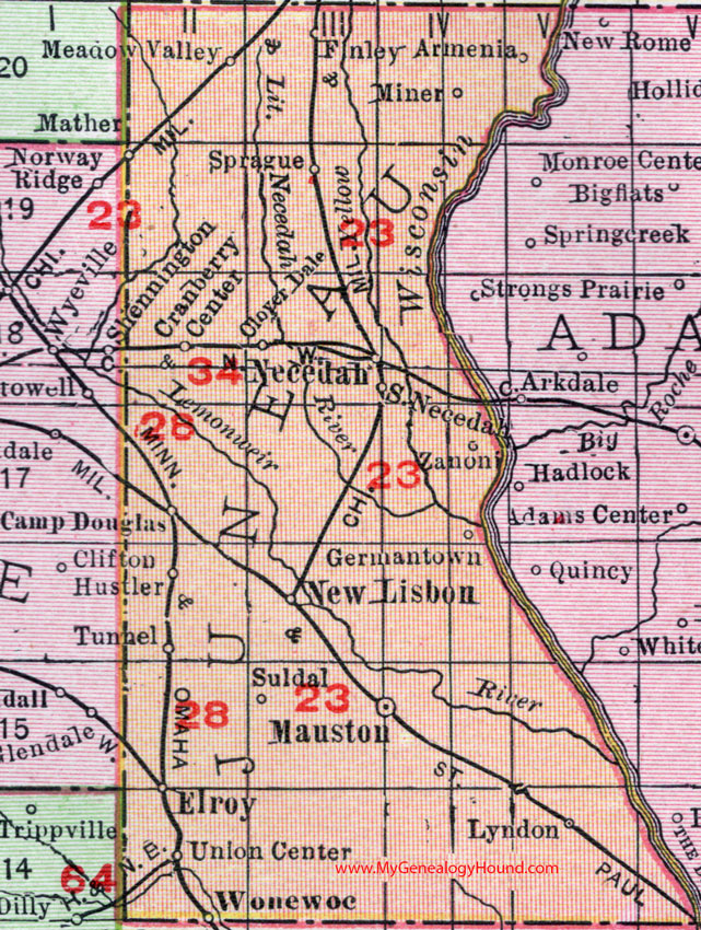 Juneau County, Wisconsin, map, 1912, Mauston, New Lisbon, Camp Douglas, Necedah, Elroy, Union Center, Wonewoc, Lyndon, Hustler, Mather, Sprague, Armenia, Meadow Valley, Germantown