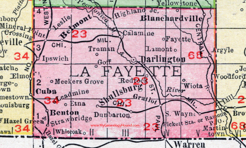 Lafayette County, Wisconsin, map, 1912, Darlington, Shullsburg, Benton, Blanchardville, Argyle, Gratiot, Belmont, Calamine, Woodford, South Wayne, Ipswich, Wiota, Dunbarton, Truman