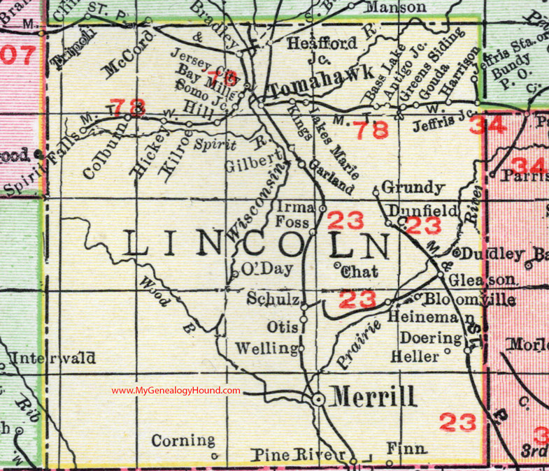Lincoln County, Wisconsin, map, 1912, Merrill, Tomahawk, Heafford Junction, Gleason, Doering, Irma, Spirit Falls, Bloomville, Dudley, Garland, Schulz, Colburn, Gouda, Hickey