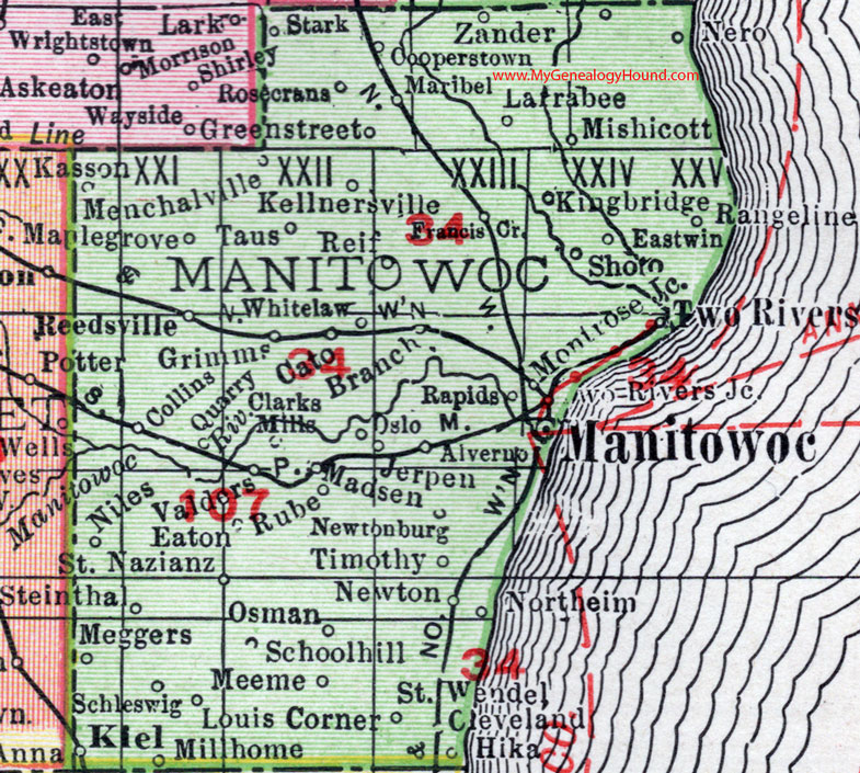 Manitowoc County, Wisconsin, map, 1912, Manitowoc City, Two Rivers, Kiel, Cleveland, Mishicot, Francis Creek, Maribel, Kellnersville, Whitelaw, Valders, St. Nazianz, Newton, Reedsville, Cooperstown, Newton