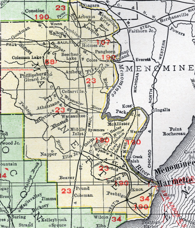 Marinette County, Wisconsin, map, 1912, Marinette City, Peshtigo, Wausaukee, Coleman, Pound, Beaver, Crivitz, Athelstane, Middle Inlet, Amberg, Porterfield, McAllister, Pembine, Dunbar, Niagara, Goodman