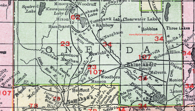 Oneida County, Wisconsin, map, 1912, Rhinelander, Lake Tomahawk, Tripoli, Pelican Lake, Three Lakes, Gagen, Monico, Woodboro, Harshaw, McNaughton, Hazelhurst, Manson, Hixon, Minocqua, Roosevelt