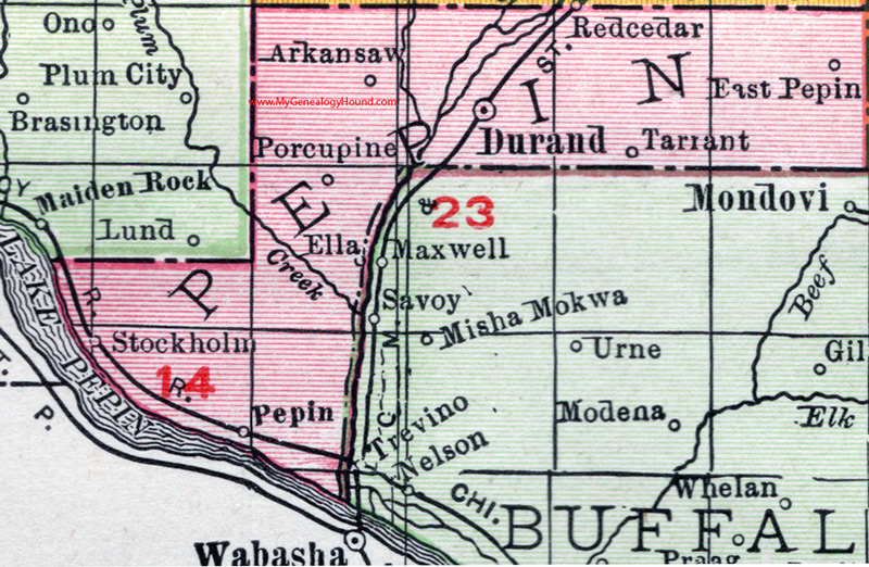 Pepin County, Wisconsin, map, 1912, Durand, Stockholm, Pepin City, Arkansaw, East Pepin, Tarrant, Ella, Porcupine