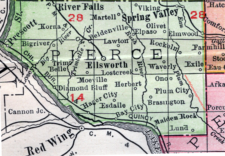 Pierce County, Wisconsin, map, 1912, Ellsworth, Spring Valley, River Falls, Prescott, Plum City, Beldenville, Elmwood, Maiden Rock, Martell, Bay City, Hager City, Diamond Bluff, Trimbelle, Moeville, Martell