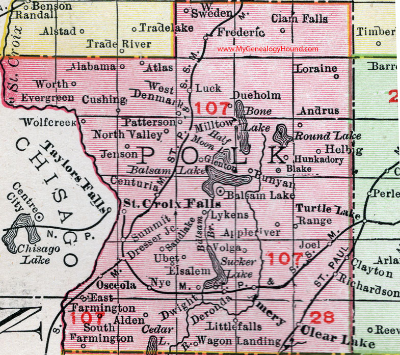 Polk County, Wisconsin, map, 1912, St. Croix Falls, Amery, Clear Lake, Clayton, Balsam Lake, Dresser, Osceola, Frederic, Luck, Milltown, Cushing, Clam Falls, Joel, Lykens, Richardson