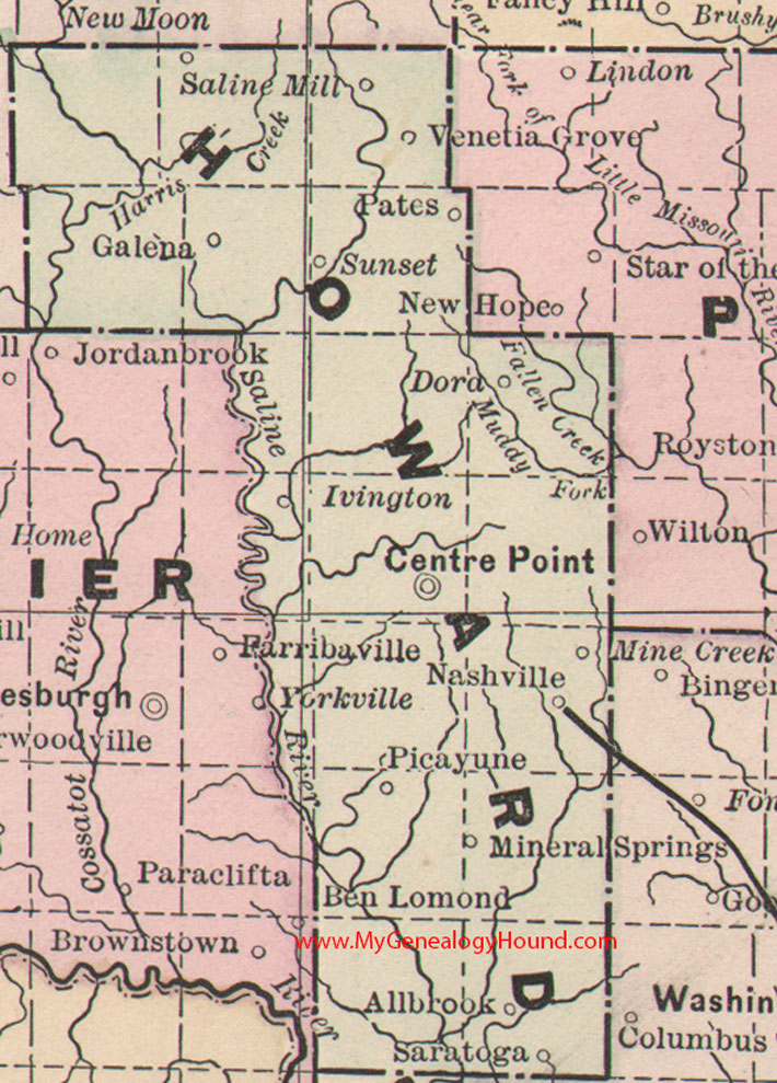 Howard County, Arkansas Map 1889 Centre Point, Nashville, Center Point, Picayune, Allbrook, Saratoga, Irvington, Dora, Sunset, Galena, AR