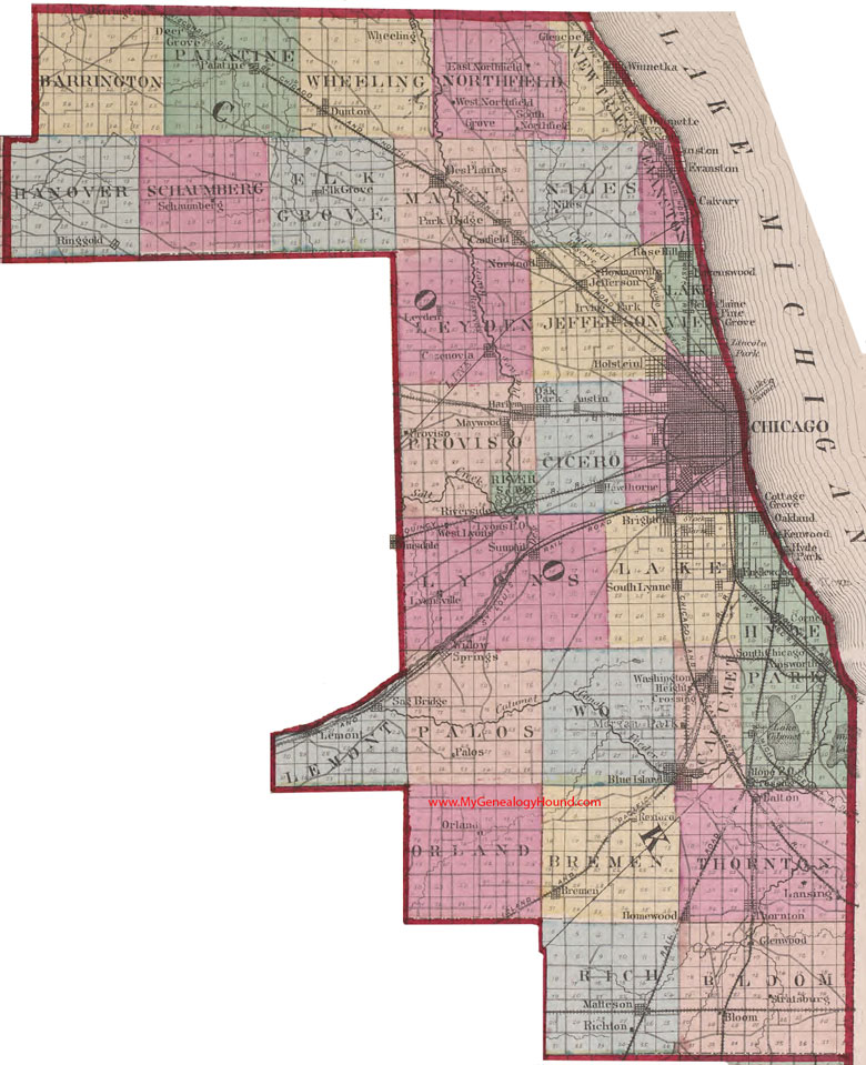Cook County, Illinois 1870 Map Chicago, Des Plaines, Niles, Matteson, Brighton, Palatine, Schaumberg, Northfield, IL