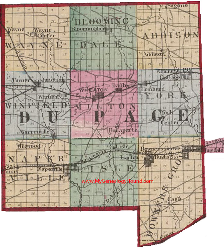 DuPage County Illinois 1870 Map Downers Grove, Naperville, Addison, Wheaton, Bloomingdale, Lombard, Hinsdale, Danby, Winfield, IL