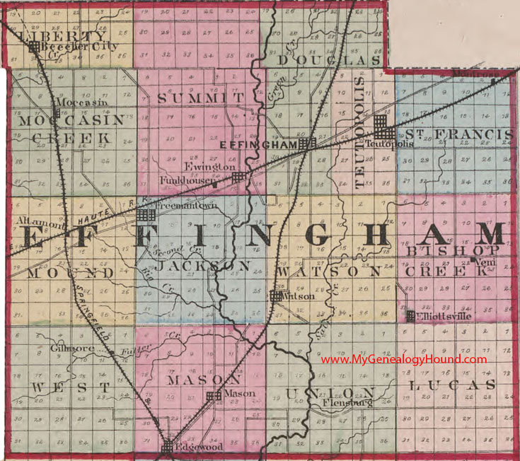 Effingham County, Illinois 1870 Map Teutopolis, Freemantown, Beecher City, Ewington, Watson, Elliottsville, Mason, Edgewood, IL