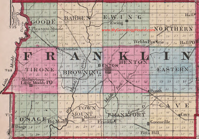 Franklin County, Illinois 1870 Map Benton, Mulkeytown, Little Muddy, Ewing, Town Mount, Greenville, Frankfort, Osage, Parish, IL