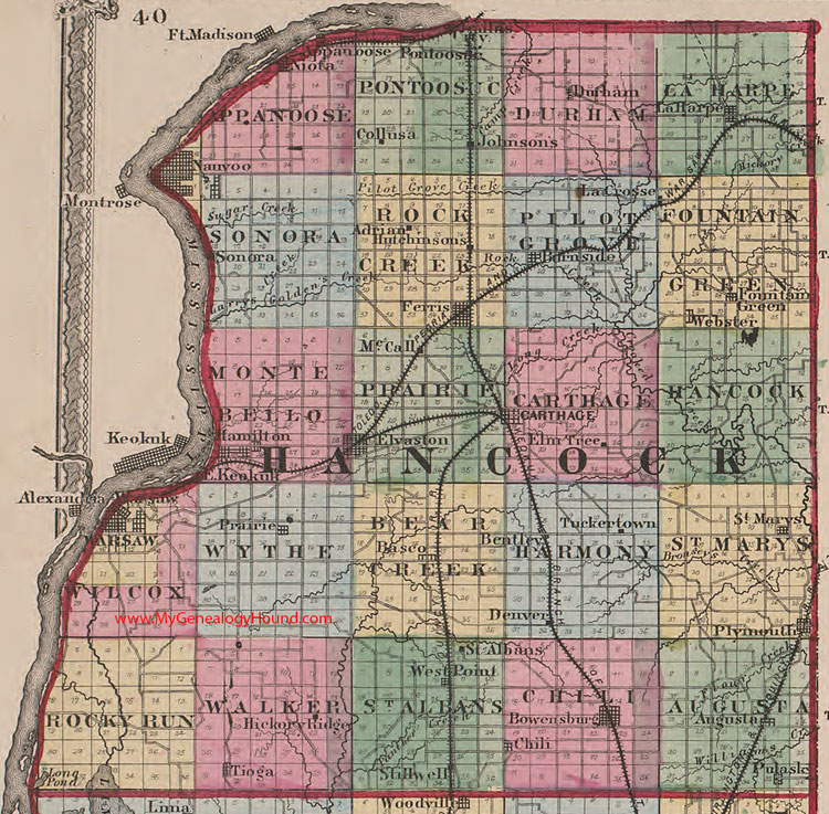 Hancock County, Illinois 1870 Map Carthage, Nauvoo, Warsaw, Hamilton, Ferris, Elvaston, Bowensburg, Plymouth, Burnside, IL