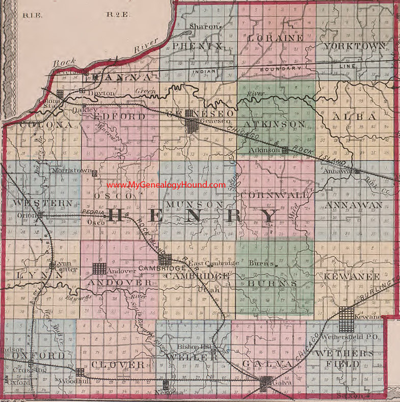Henry County, Illinois 1870 Map Kewanee, Geneseo, Cambridge, Andover, Galva, Woodhull, Atkinson, Colona Station, Orion, Nekoma, IL