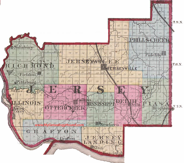 Jersey County, Illinois 1870 Map, Jerseyville, IL, Delhi, Elsa, Fidelity, Fieldon, Grafton, Newburn, Pittsburg, Salisbury
