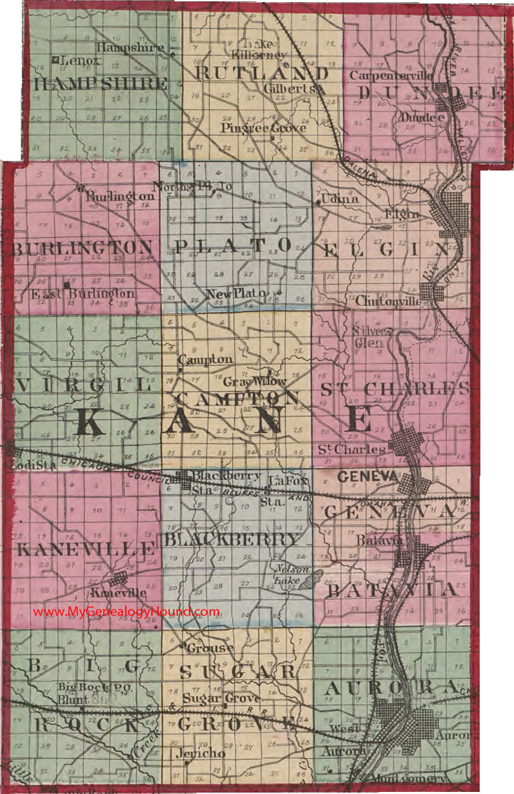 Kane County Illinois 1870 Map Aurora, Batavia, St. Charles, Elgin, Carpentersville, Clintonville, Dundee, Geneva, Kaneville, Hampshire, IL