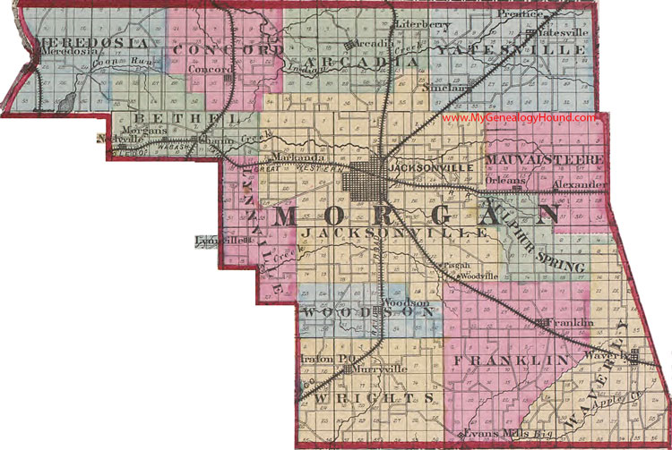 Morgan County, Illinois 1870 Map Jacksonville, Meredosia, Murrayville, Waverly, Franklin, Alexander, Concord, Chapin, Woodson, IL