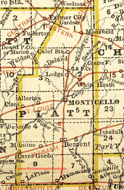 Piatt County, Illinois 1881 Map, Monticello, Mansfield, DeLand, Cisco, Bement, Cerro Gordo, Hammond