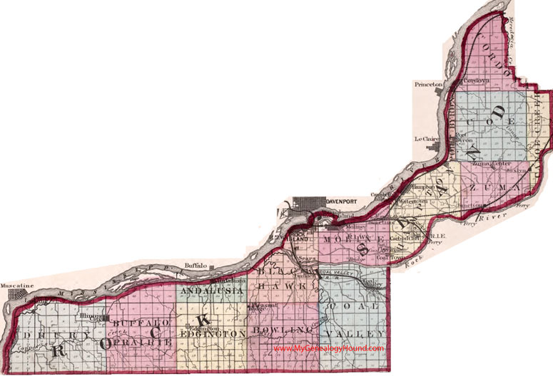 Rock Island County, Illinois 1870 Map Moline, Illinois City, Andalusia, Camden, Coal Valley, Hampton, Watertown, Port Byron, Cordova, IL