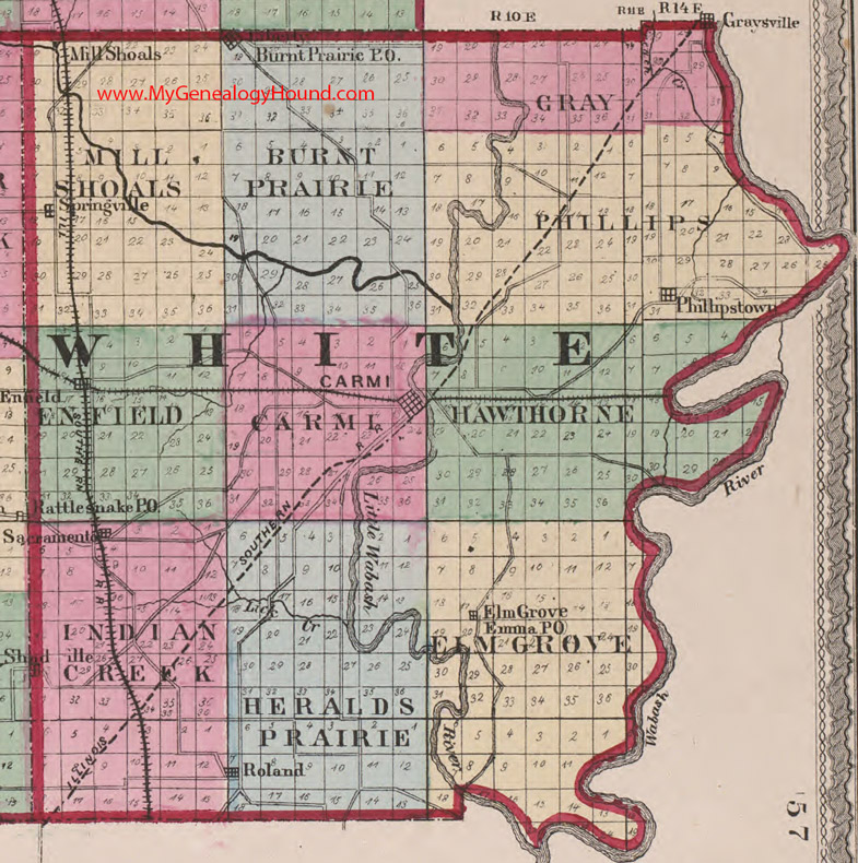White County, Illinois 1870 Map Carmi, Springville, Enfield, Grayville, Mill Shoals, Sacramento, Phillipstown, Roland, Elm Grove, IL