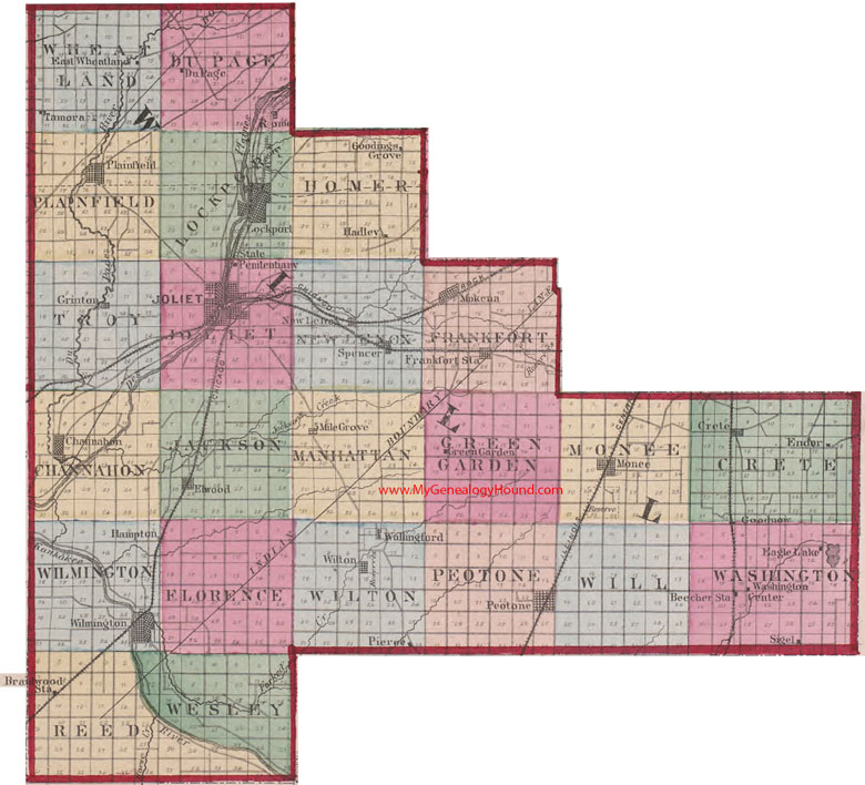 Will County, Illinois 1870 Map Joliet, Plainfield, Lockport, Bolingbrook, Romeoville, Mokena, New Lenox, Crete, Peotone, Beecher, Braidwood, Lockport, Wilmington, IL