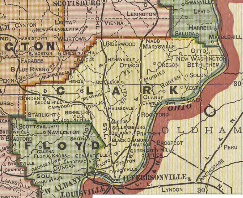 Clark County, Indiana, 1908 Map, Jeffersonville, Charlestown, Henryville, Otisco, Sellersburg, Utica, Bethlehem, Otto, Dyeton, Floyd