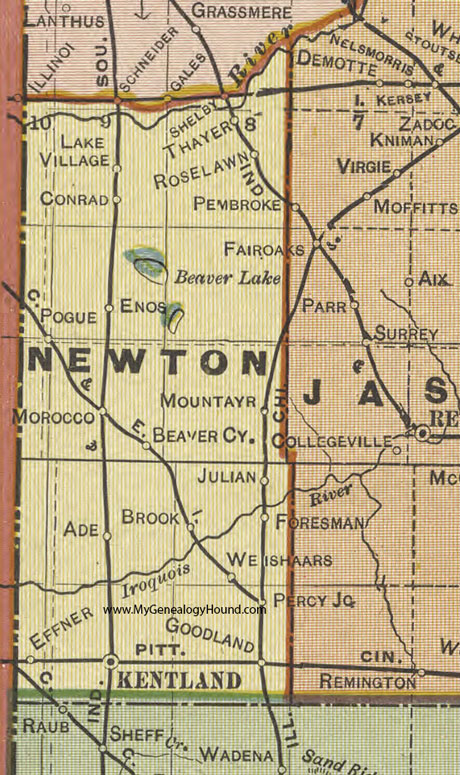 Newton County, Indiana, 1908 Map, Kentland, Goodland, Brook, Morocco, Mount Ayr, Lake Village, Roselawn, Thayer