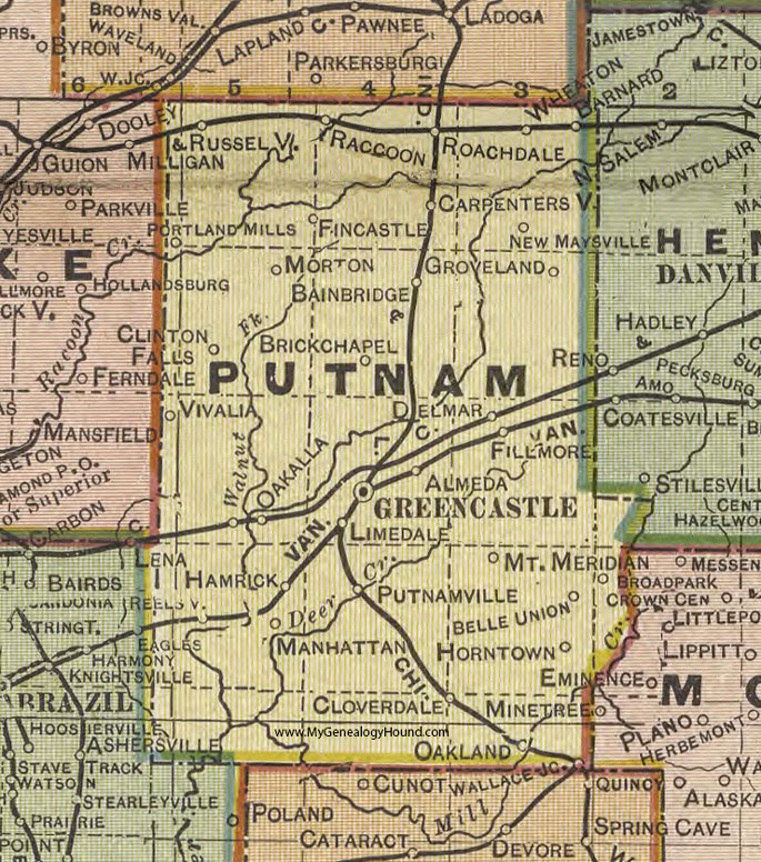 Putnam County, Indiana, 1908 Map, Greencastle, Cloverdale, Bainbridge, Fillmore, Russellville, Roachdale, Barnard, Delmar, Hamrick, Morton, Vivalia