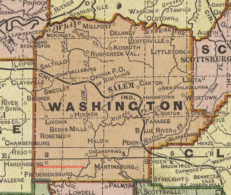 Washington County, Indiana, 1908 Map, Salem, Little York, Pekin, Fredericksburg, Campbellsburg, Hardinsburg, Livonia, Campbellsburg, Hitchcock