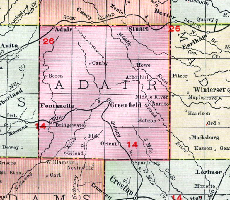 Adair County, Iowa, 1911, Map, Greenfield, Fontanelle, Bridgewater, Orient, Adair City, Berea, Canby, Nanito, Hebron, Gilead, Howe, Arbor Hill