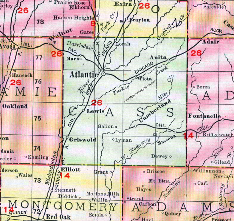 Cass County, Iowa, 1911, Map, Atlantic, Anita, Griswold, Lewis, Marne, Wiota, Cumberland, Massena, Lorah, Harrisdale, Galion, Lyman, Dewey