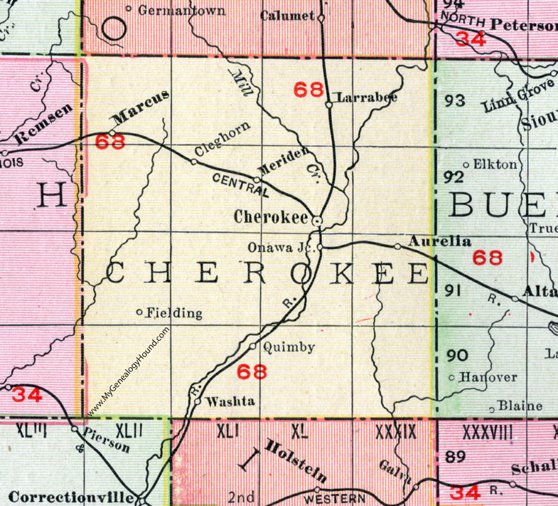 Cherokee County, Iowa, 1911, Map, Cherokee City, Marcus, Aurelia, Larrabee, Cleghorn, Meriden, Quimby, Washta, Fielding, Onawa Junction