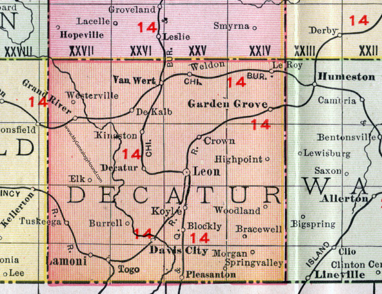 Decatur County, Iowa, 1911, Map, Leon, Lamoni, Van Wert, Davis City, Decatur City, Grand River, Garden Grove, Le Roy, Weldon, Togo, Pleasanton, Westerview, Tuskeega, Bracewell, Koyle, Burrell, Blockly, Elk
