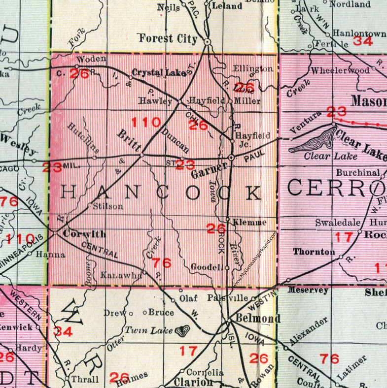 Hancock County, Iowa, 1911, Map, Garner, Britt, Klemme, Corwith, Kanawha, Goodell, Woden, Hayfield, Hutchins, Crystal Lake, Hawley, Miller, Ellington, Duncan, Stilson