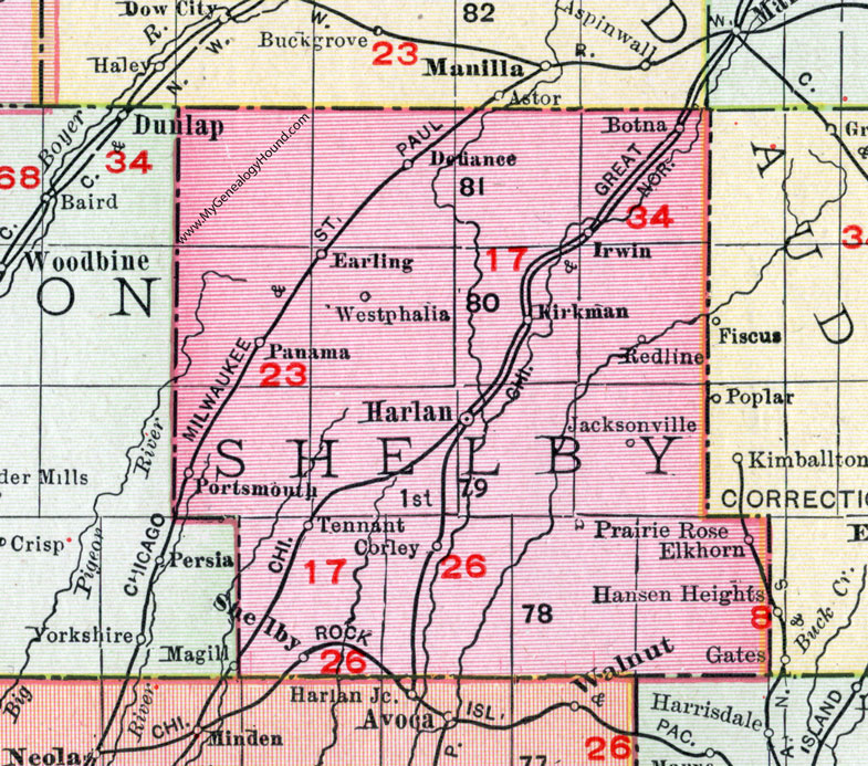 Shelby County, Iowa, 1911, Map, Harlan, Shelby City, Earling, Defiance, Irwin, Panama, Westphalia, Kirkman, Portsmouth, Tennant, Elkhorn, Prairie Rose, Corley, Jacksonville, Red Line, Botna