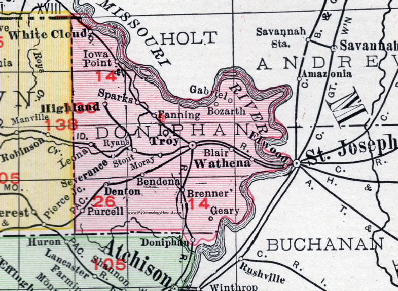 Doniphan County, Kansas, 1911 Map, Troy, Wathena, Elwood, Highland, Denton, Doniphan, White Cloud, Iowa Point, Severance, Leona, Fanning, Bendena, Bozarth