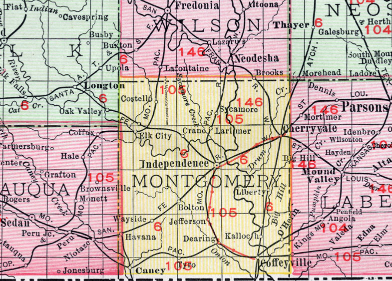 Montgomery County, Kansas, 1911, Map, Independence, Coffeyville, Cherryvale, Caney, Sycamore, Elk City, Wayside, Jefferson, Tyro, Dearing, Havana, Liberty, Kalloch, Bolton, Larimer, Costello, O'Herin, Liberty