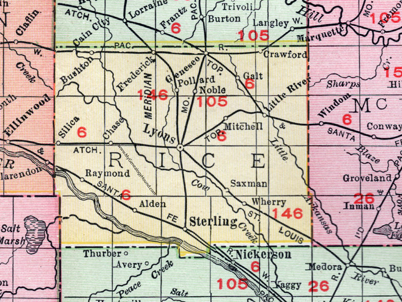 Rice County, Kansas, 1911, Map, Lyons, Sterling, Chase, Alden, Bushton, Geneseo, Little River, Mitchell, Raymond, Saxman, Pollard, Noble, Frederick, Galt, Crawford, Silica, Wherry, Cain City