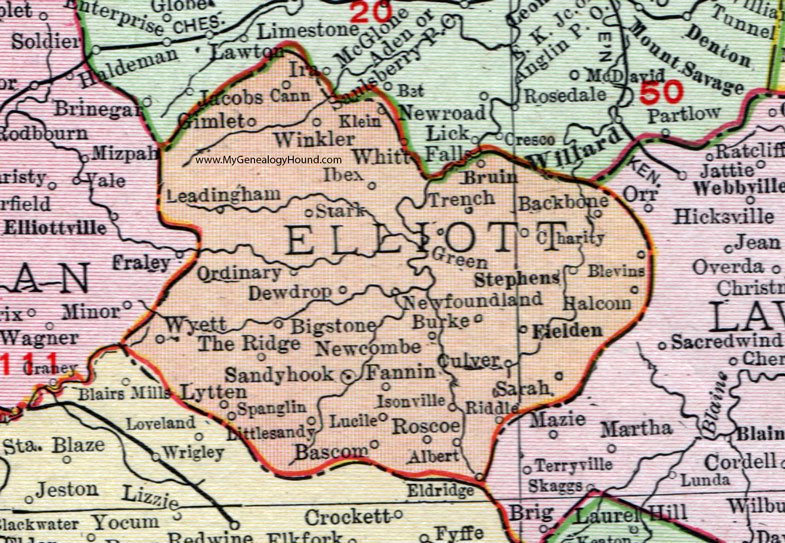 Elliott County, Kentucky 1911 Rand McNally Map Sandy Hook, Newfoundland, Isonville, Culver, Lytten, Spanglin, Bascom, Winkler, Gimlet, Blevins, Fielden, Ibex, Burke, Fannin, KY