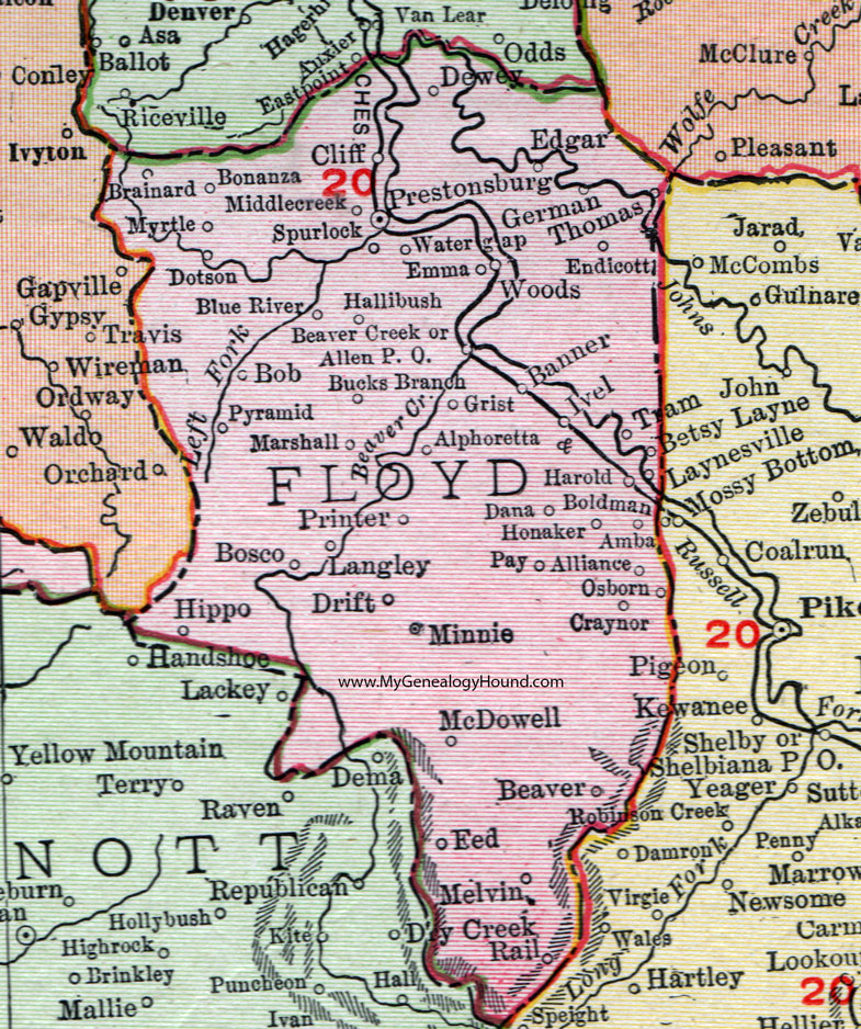 Floyd County, Kentucky 1911 Rand McNally Map Prestonburg, Allen City, Banner, Printer, Langley, Drift, Harold, Melvin, Spurlock, Bonanza, Brainard, Pyramid, Alphoretta, KY