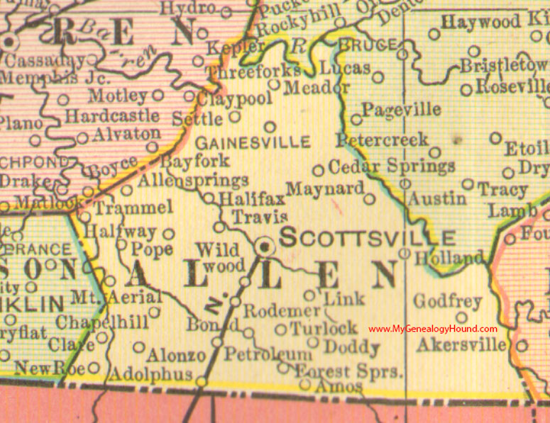 Allen County, Kentucky, vintage, 1905 Map Scottsville, KY, Adolphus, Alonzo, Amos, Chapel Hill, Turlock, Doddy, Maynard, Mt. Aerial, Wildwood