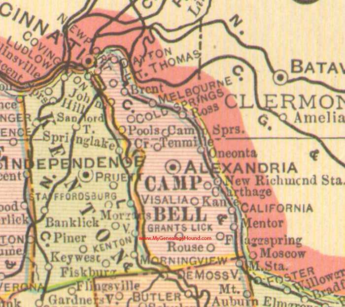 Campbell County, Kentucky vintage 1905 map Alexandria, California, Cold Springs, Dayton, Mentor, Newport, KY